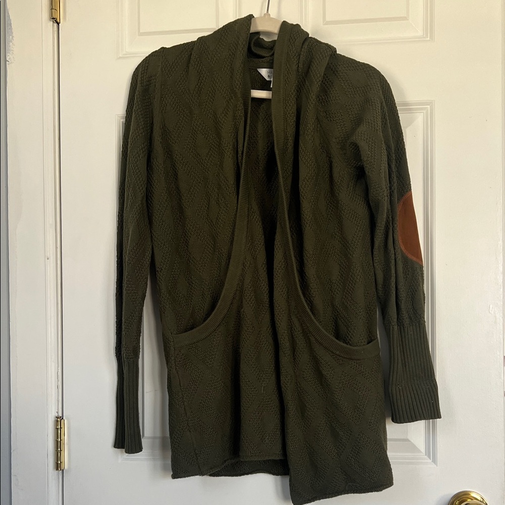 Market & Spruce Dark Green Cardigan with Brown Elbow Patch